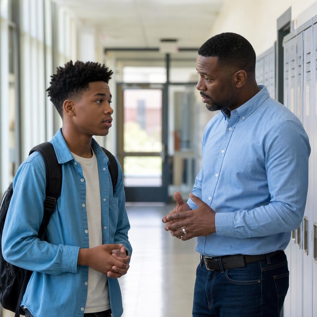 Un adolescent avec un mentor dans un corridor d'école