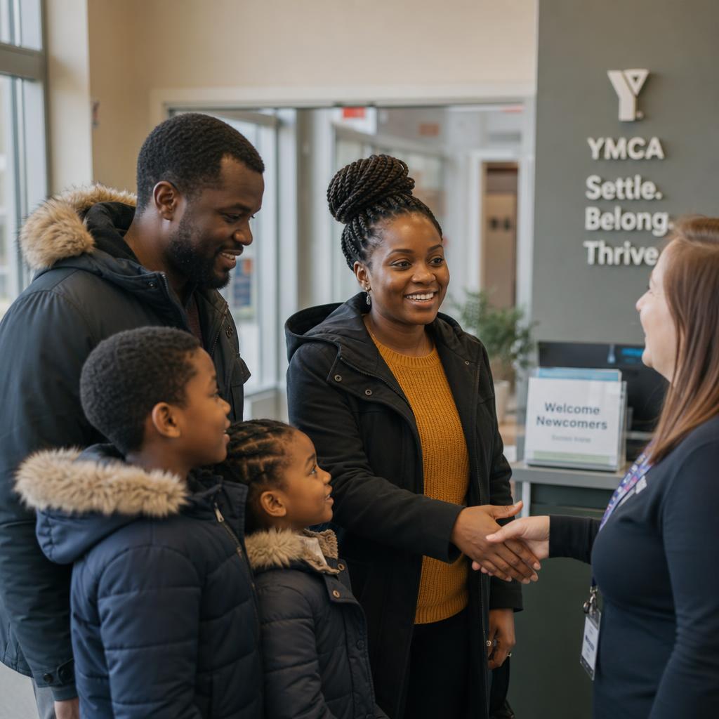 Une famille nouvellement arrivée au Canada dans un centre communautaire accueillant