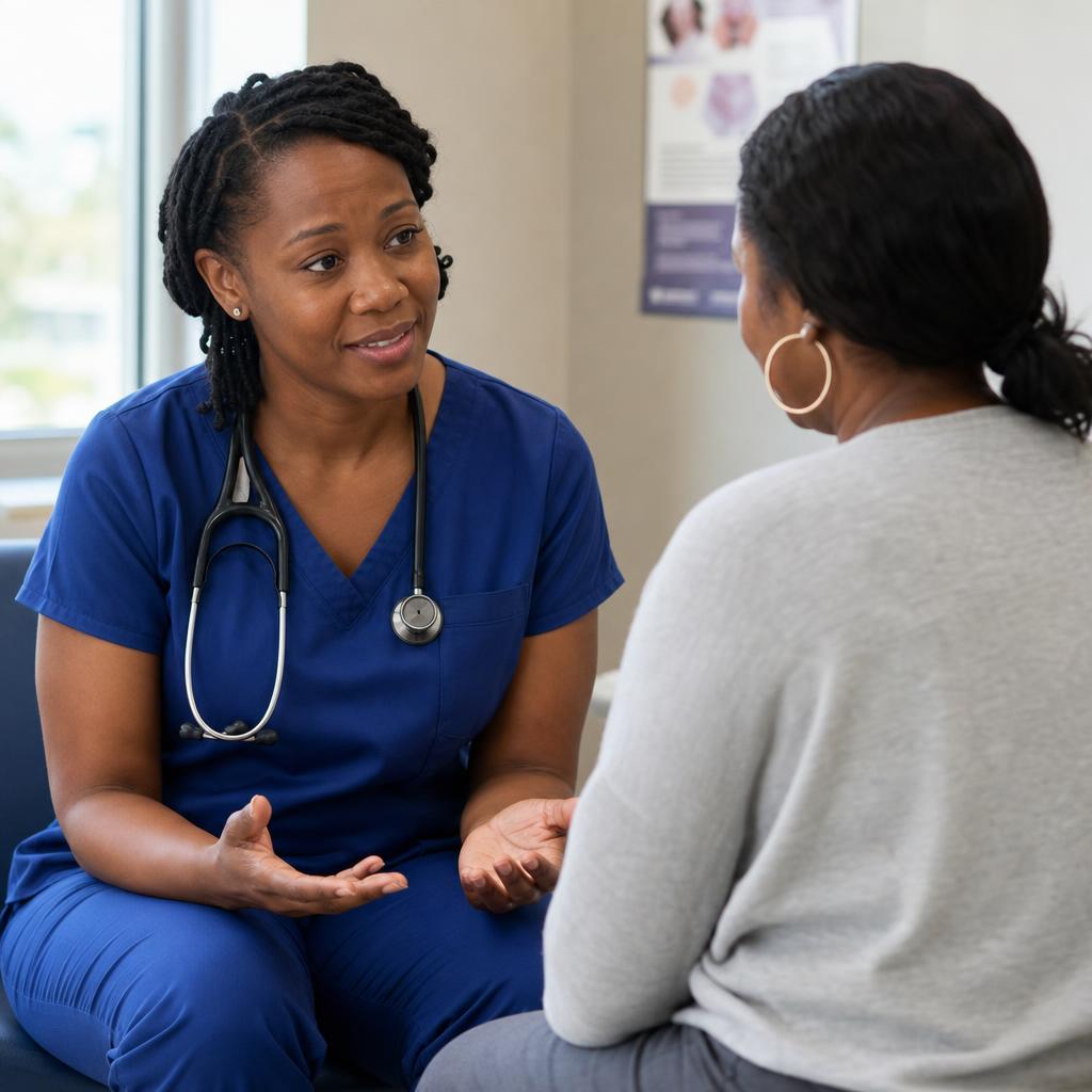 Une professionnelle de santé discute avec une patiente